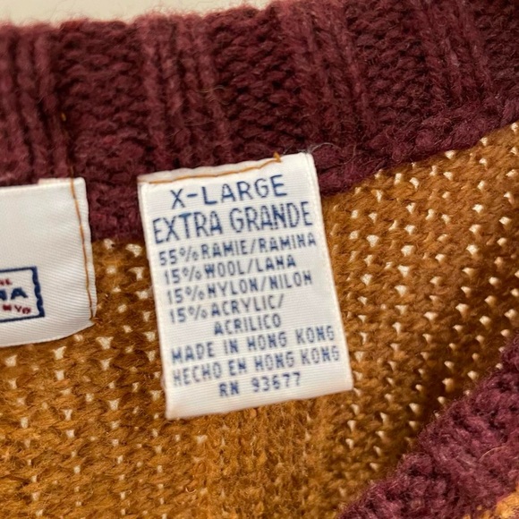 Vintage Cable Knit Varsity Stripe V-neck Longline Sweater in Mustard/Burgundy - Picture 5 of 6